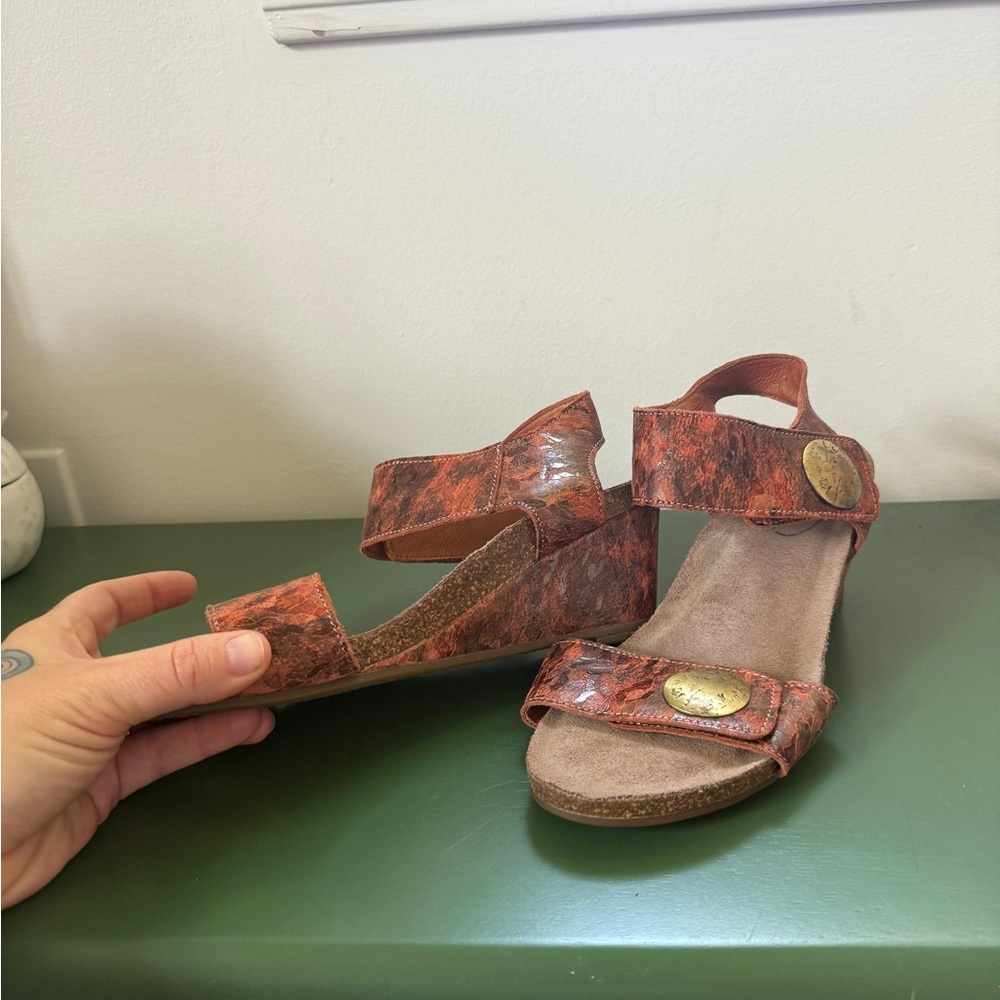 NWOB Taos Carousel 2 Leather wedge sandals with gold coin accents, size 7-7.5 - Picture 4 of 7